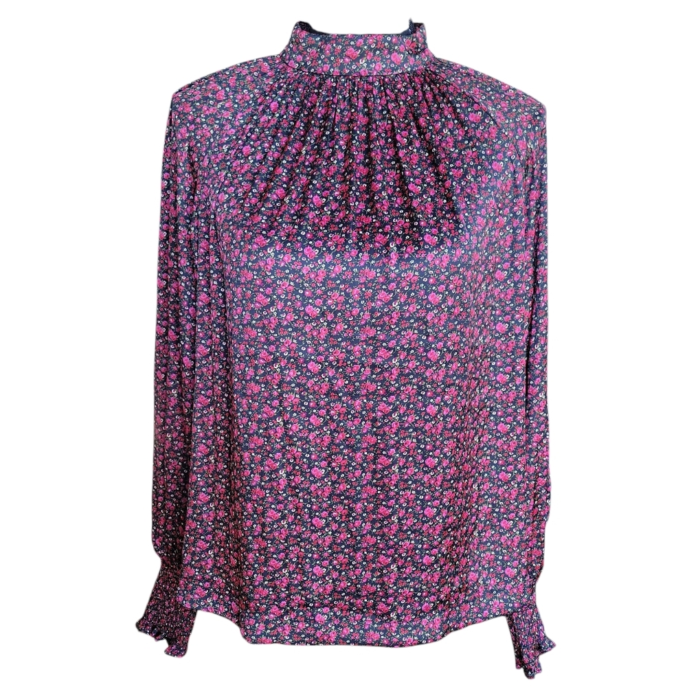 GAP NWT Satin Black & Pink Floral Mock Neck Smock Blouse Womens Size S